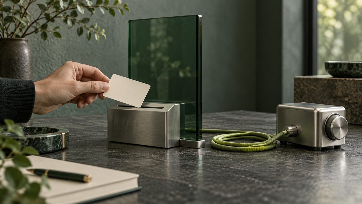 A hand holds a blank request card above a metal slot beside a green glass gate and a separate cabled device.