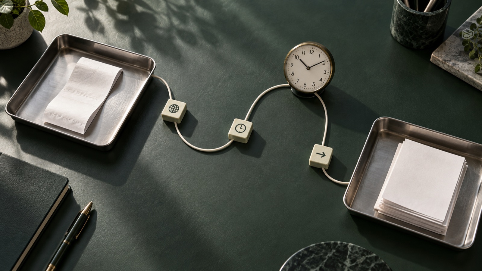 Two document trays connected by a cable, with a clock marking the stages of a transfer.