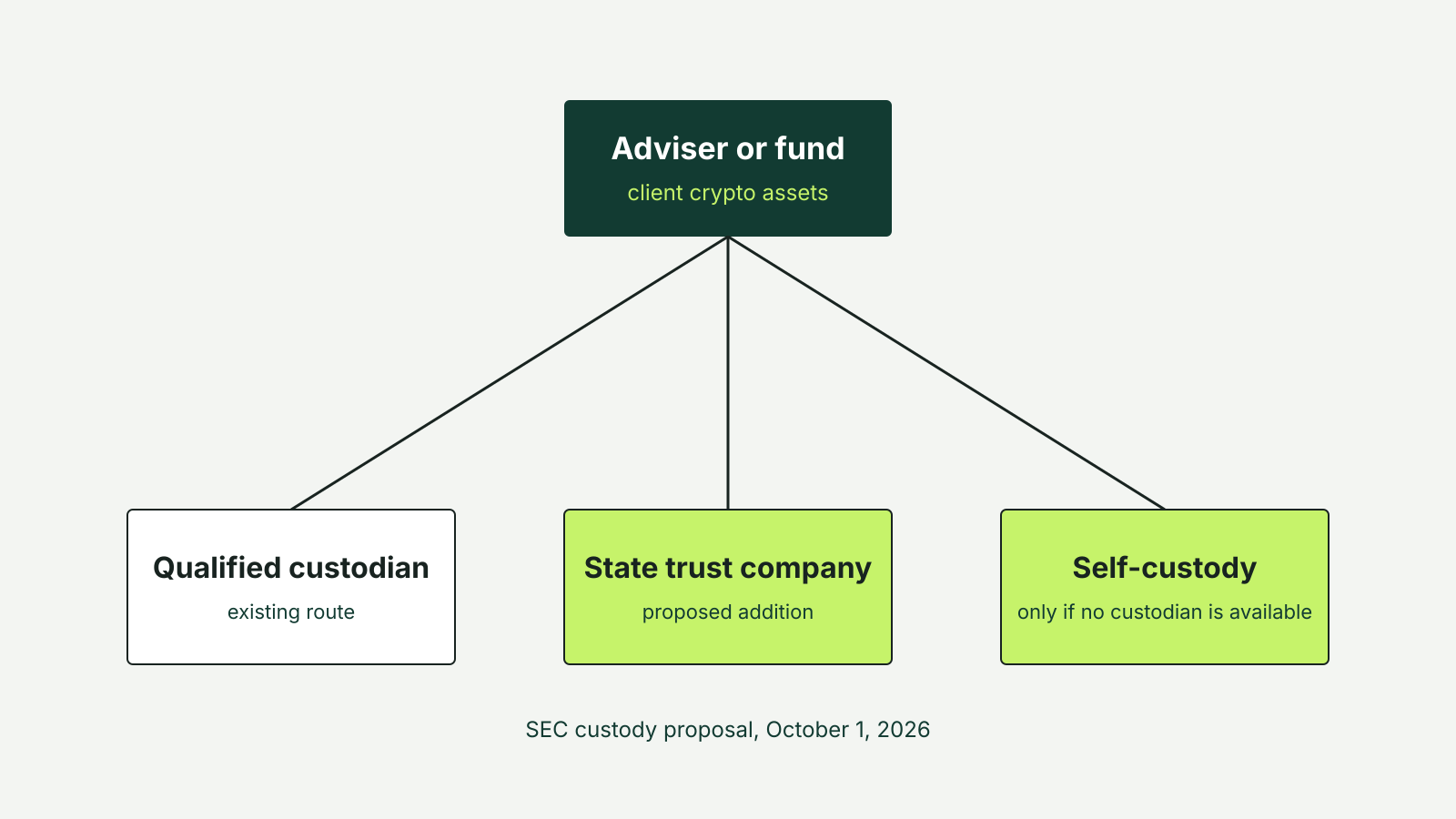 Diagram of an investment adviser or fund holding client crypto assets through a qualified custodian, a state trust company or, if no custodian is available, self-custody.